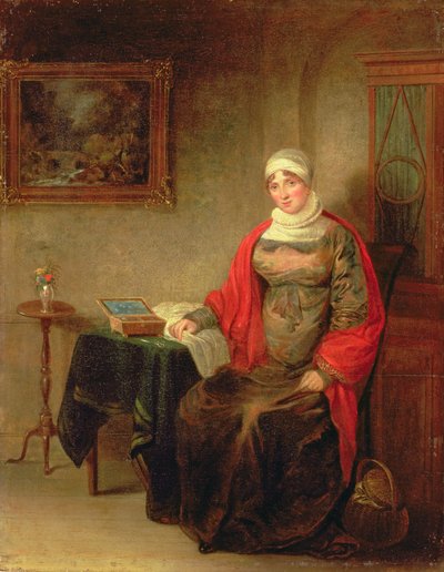 Ritratto di Mrs John Crome seduta a un tavolo con una scatola da lavoro aperta da Michael William Sharp